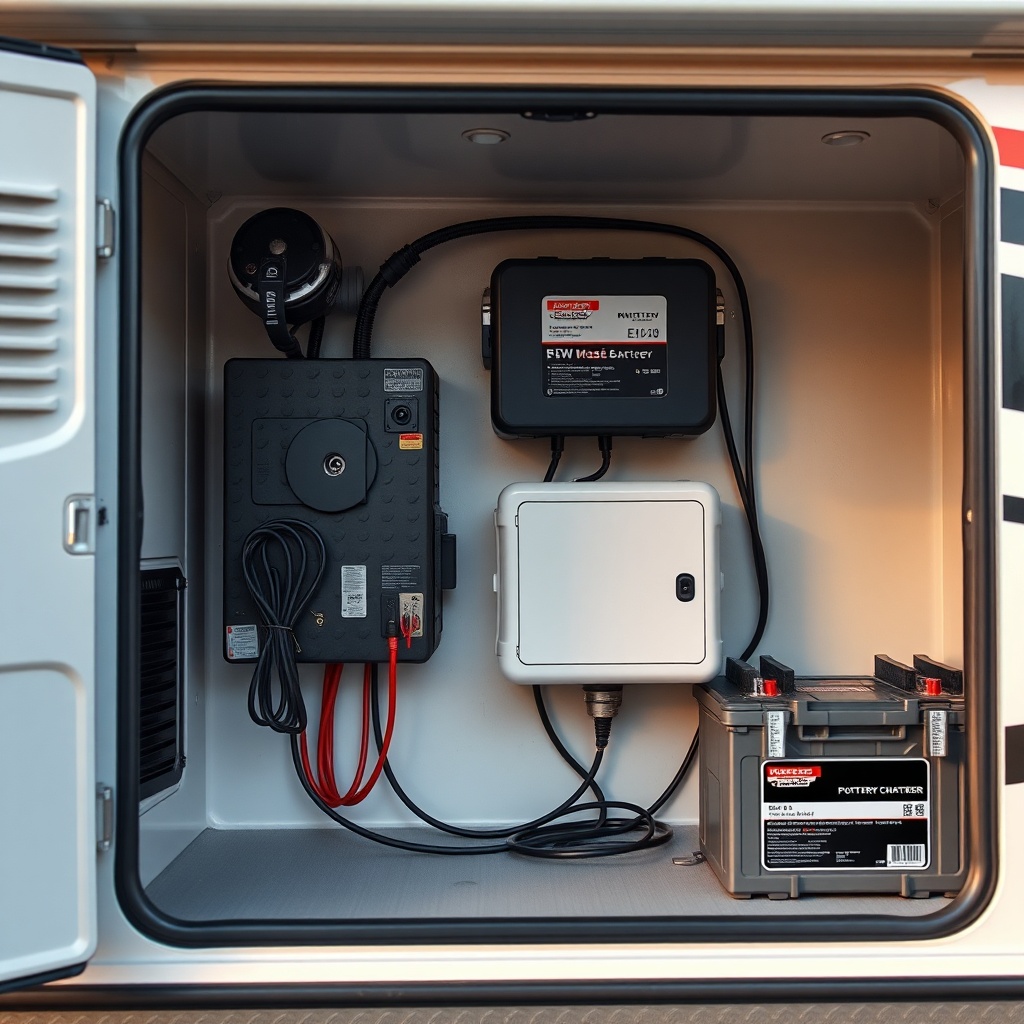 A photorealistic photo of an open RV generator compartment with a new battery charger moun