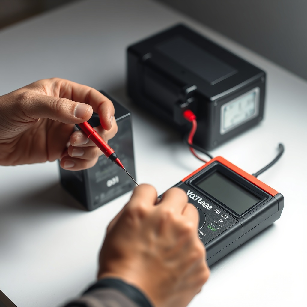 A photorealistic photo of a person using a multimeter to check voltage on a battery connec