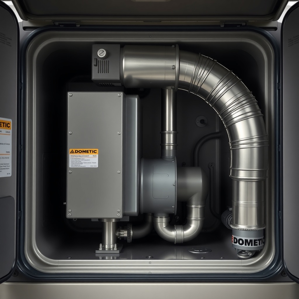 A photorealistic close-up of the rear of a Dometic DM2672 showing the steel cooling unit