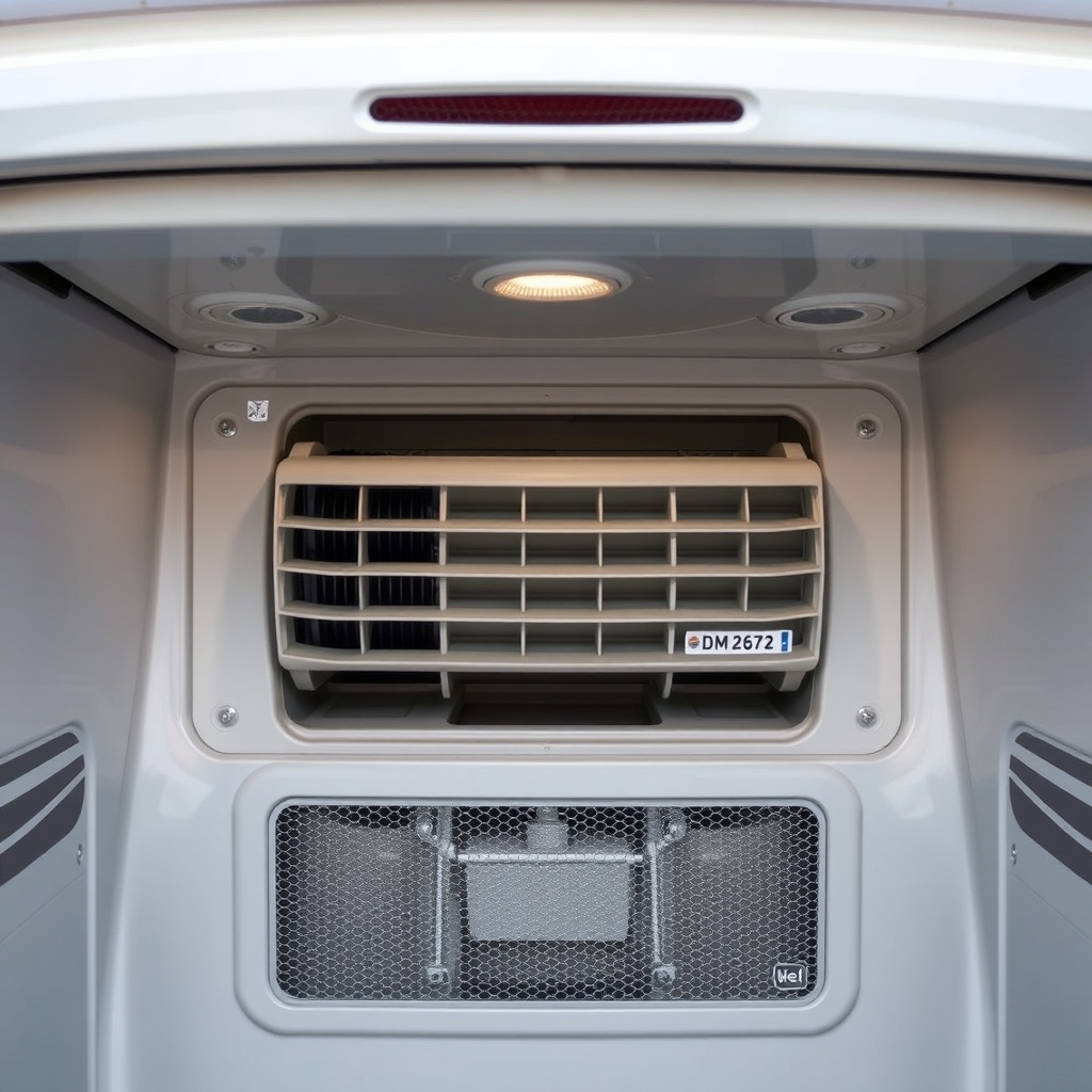 A photorealistic image of the rear ventilation compartment of a caravan