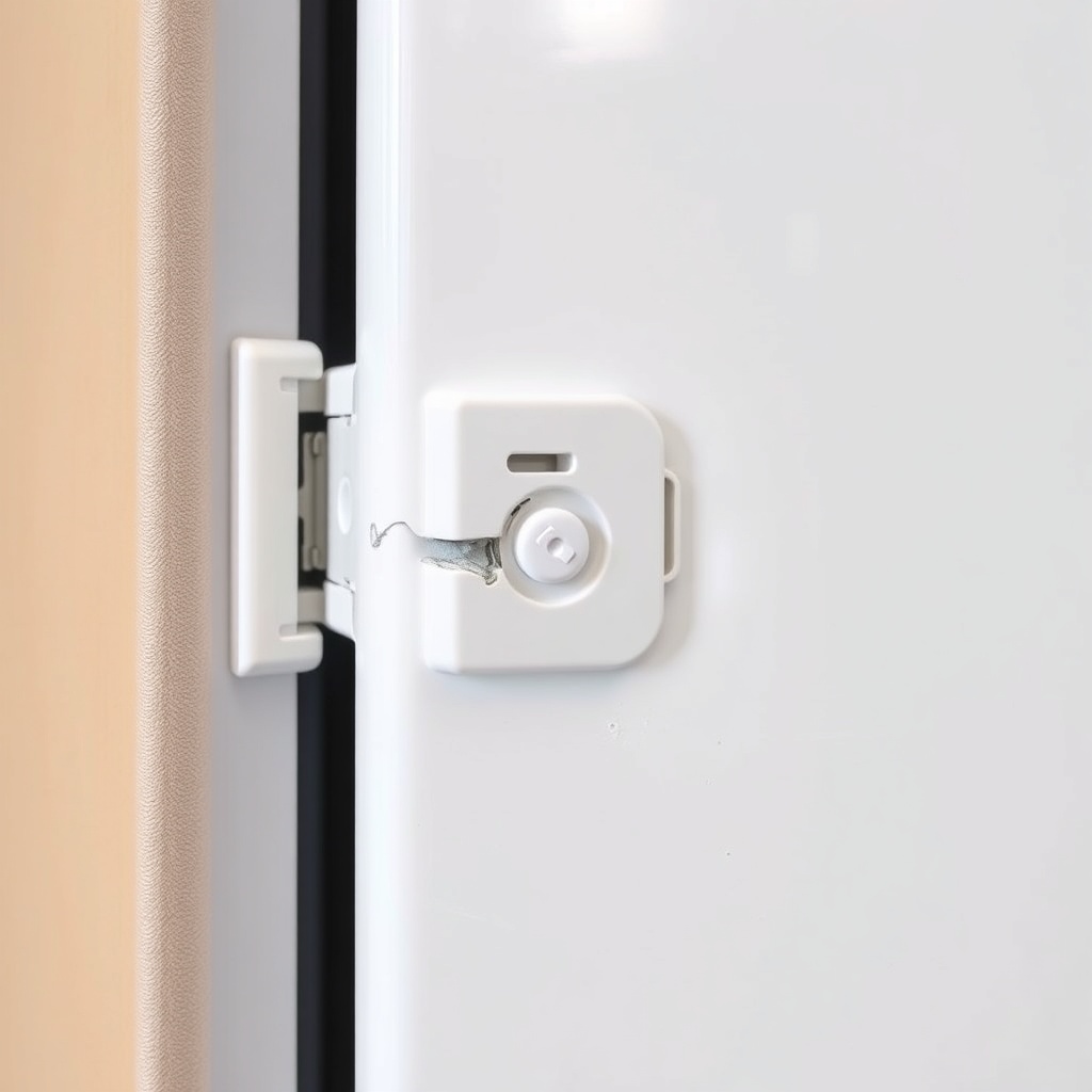 Close-up photorealistic photo of a Dometic DM2672 lower hinge bracket showing a cracked pl