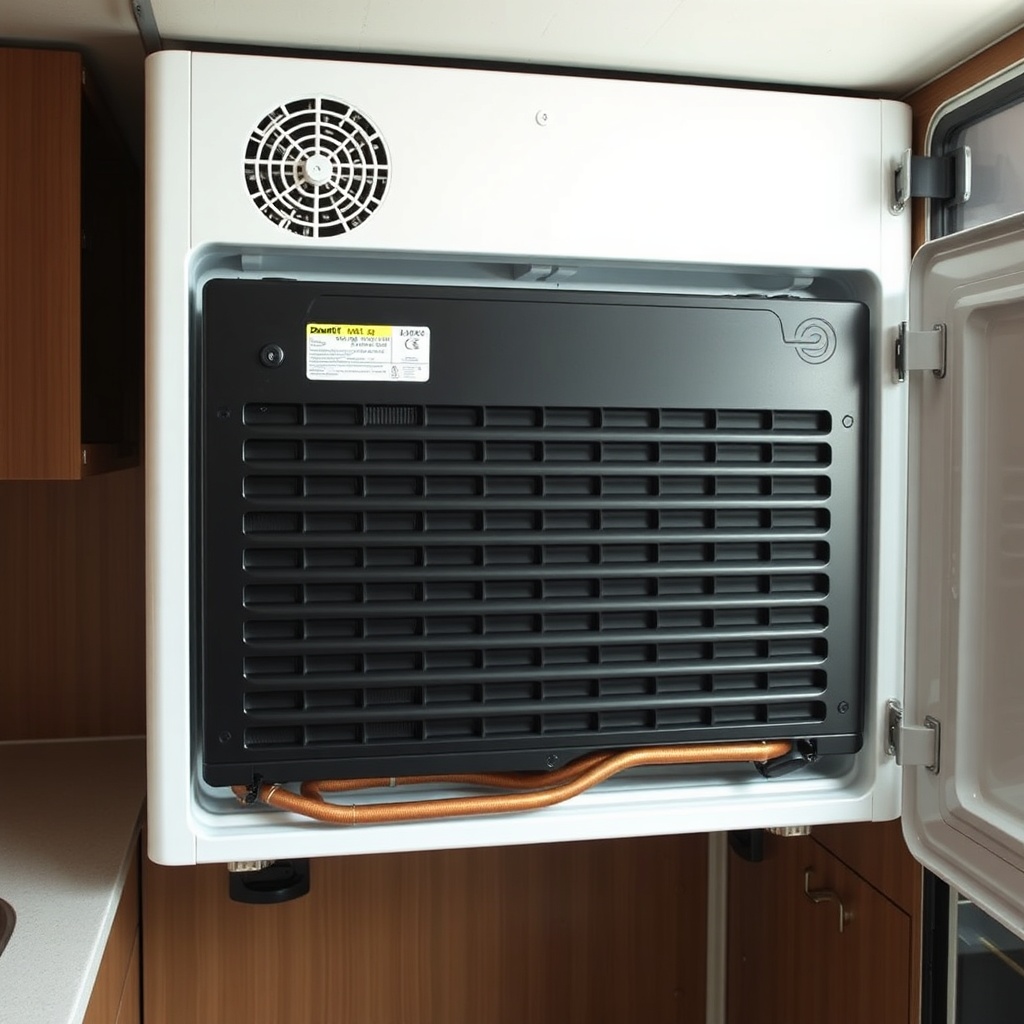 A photorealistic photo of the back of a Dometic DM2672 fridge installed in an RV