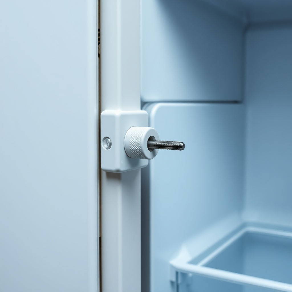 A photorealistic close-up photo of the door hinge of a Dometic DM2672