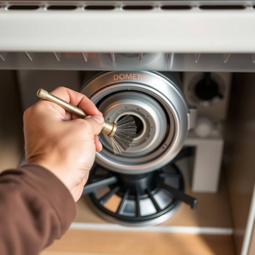 A clean photorealistic photo of an RV technician's hand holding a small wire brush as it c