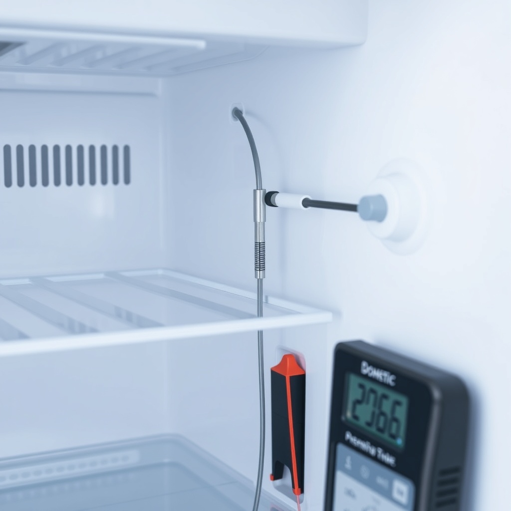 Close-up photo of a Dometic DM2672 refrigerator interior showing the thermistor probe atta