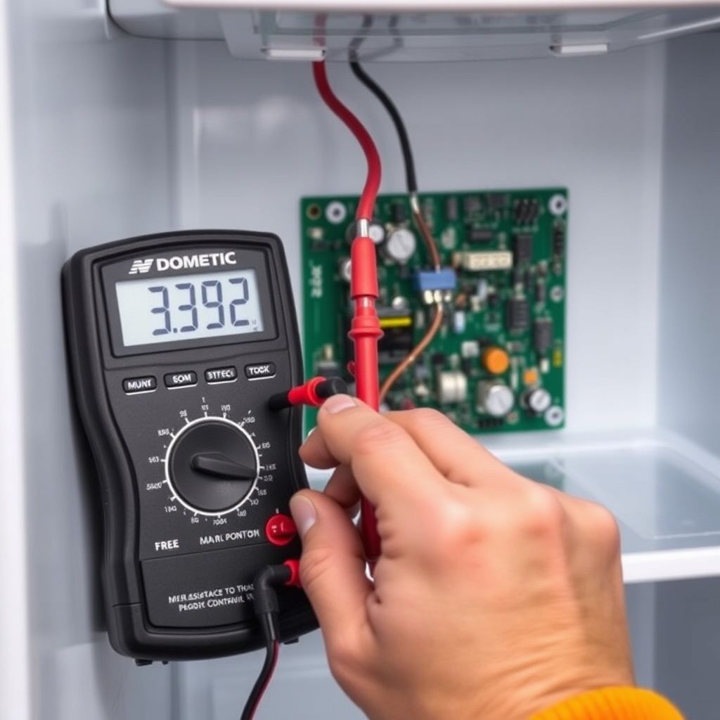 Realistic photo of a technician's hand using a multimeter to test resistance on a Dometic