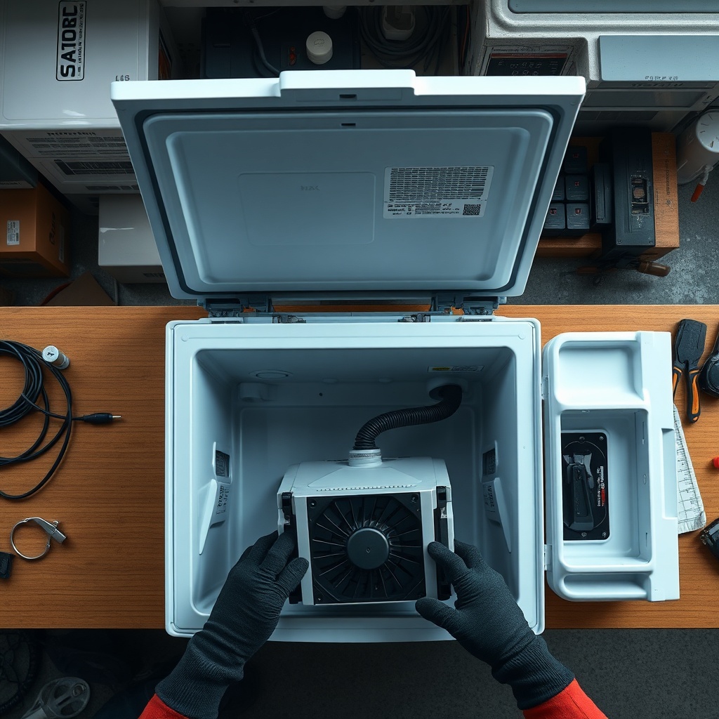 A photorealistic top-down view of a partially disassembled Norcold N8X on a workbench