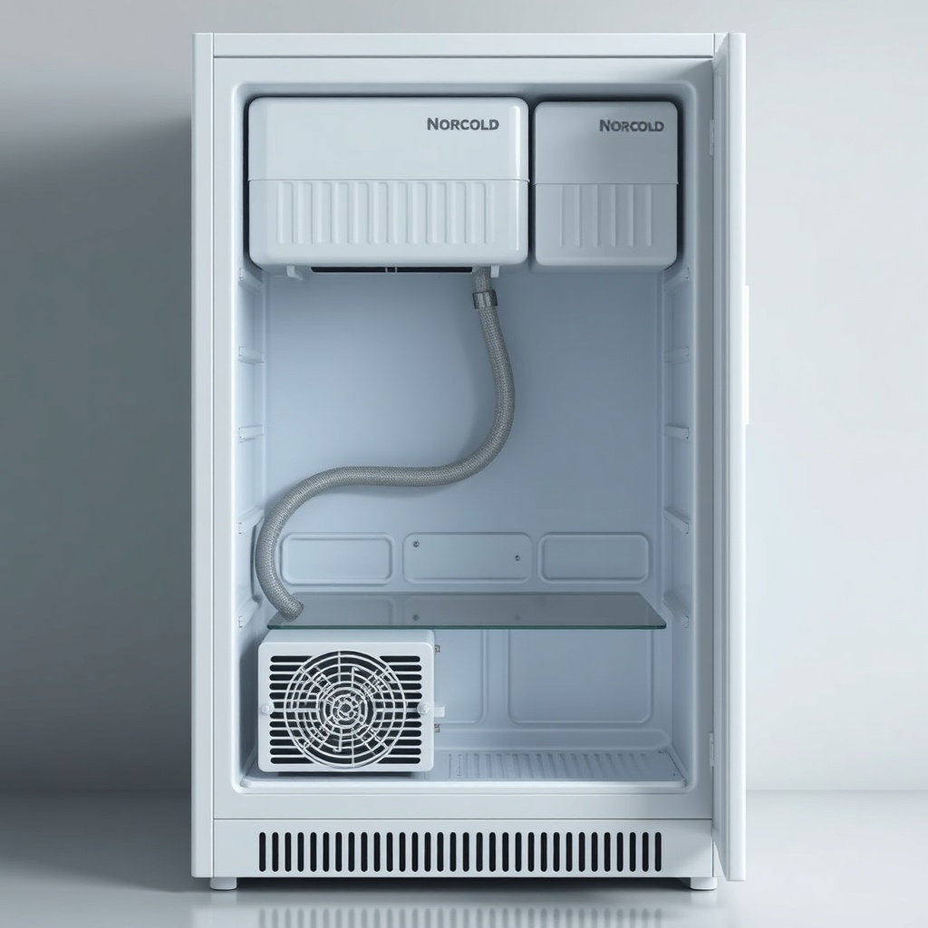<clean photorealistic photo of a Norcold N8X series refrigerator with its back panel remov