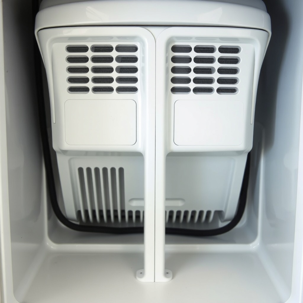 A photorealistic photo of a Norcold N8X Series RV refrigerator’s rear cooling unit