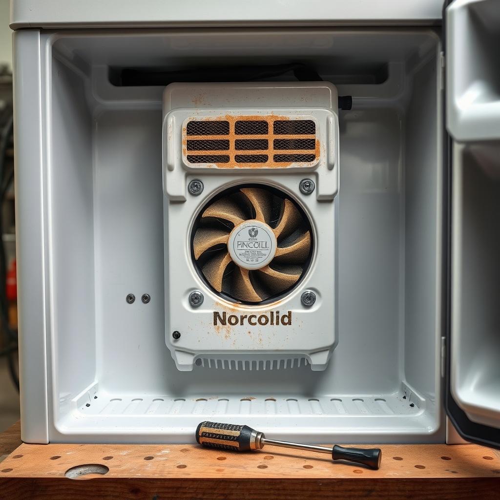 A photorealistic close-up photo of a Norcold N8X refrigerator rear panel open