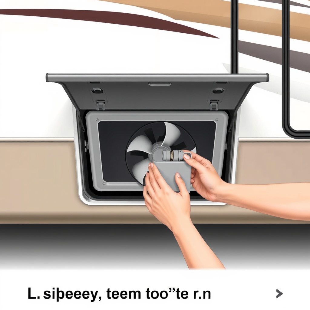 A photorealistic illustration of an RV exterior showing the lower vent cover removed