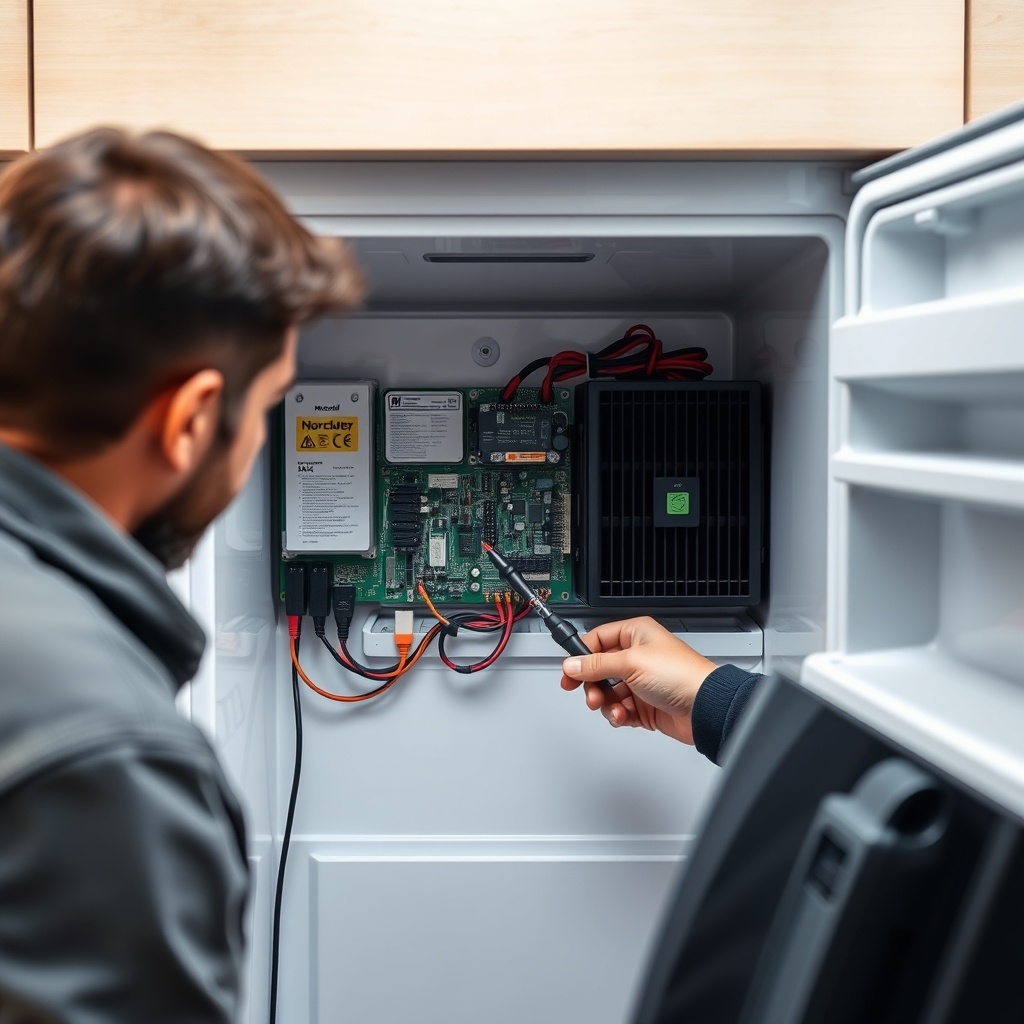 A clean photorealistic photo of a technician examining a Norcold N8X control board with a