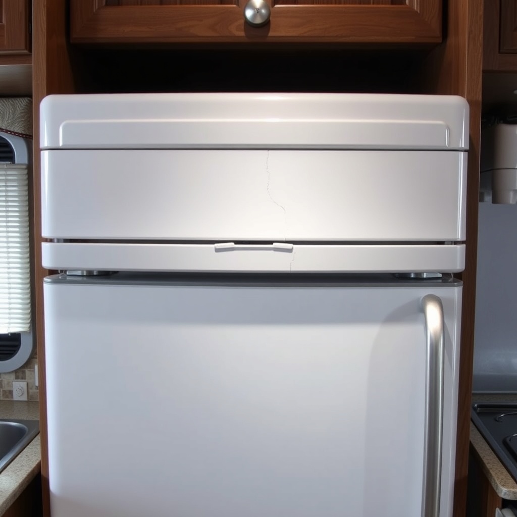 A clean photorealistic photo of an RV kitchen showing the Norcold N8X refrigerator door sl