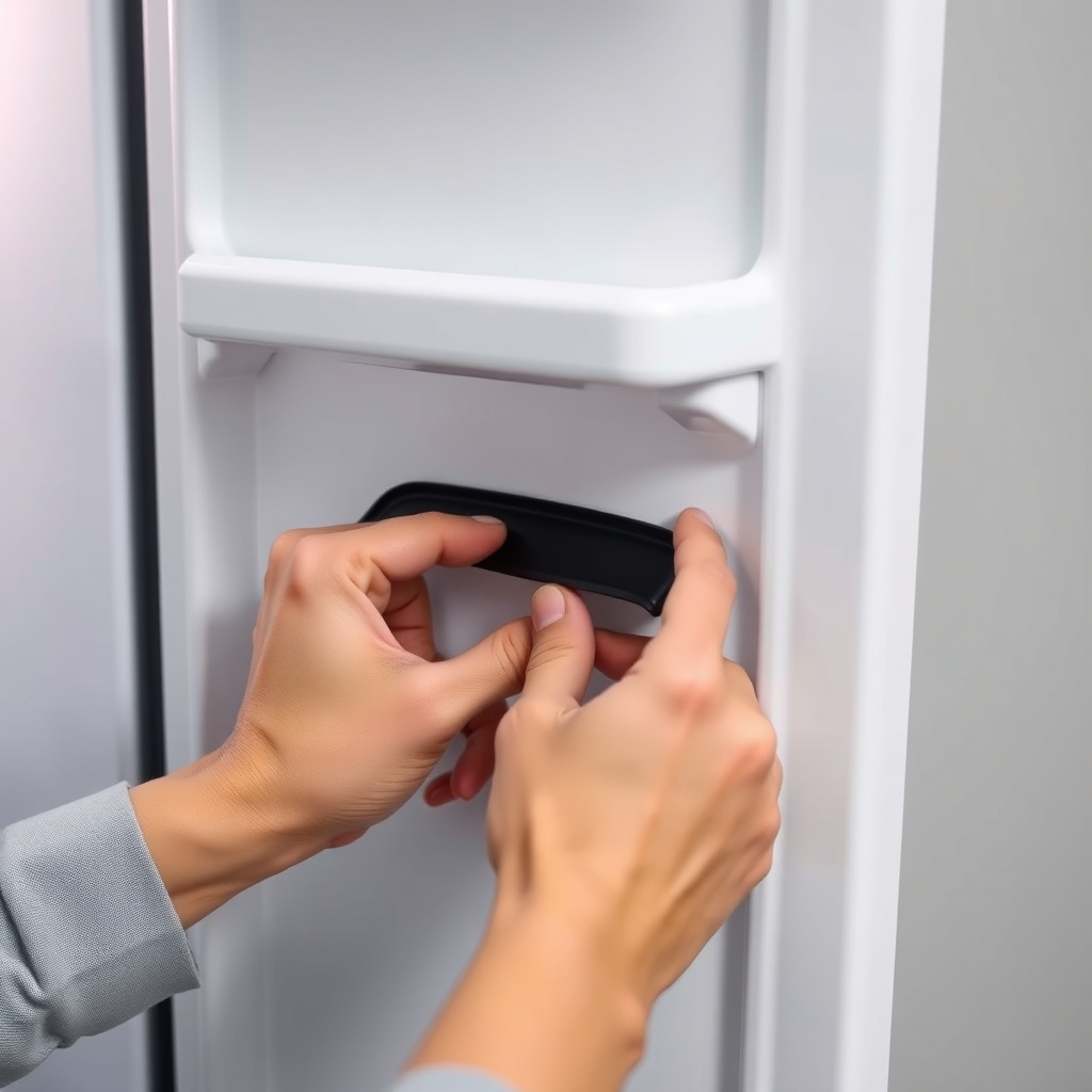 A clean photorealistic close-up photo of a person's hands pressing a new black rubber door