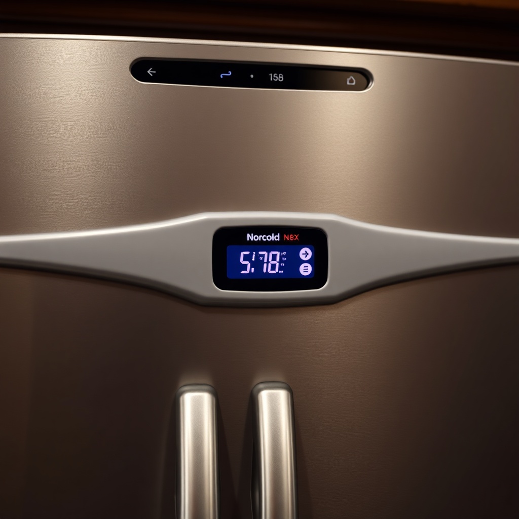 photorealistic close-up of the Norcold N8X control panel on the front of an RV refrigerato