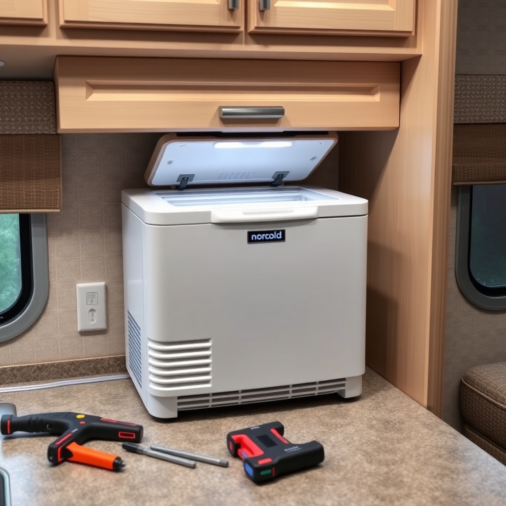 <A clean photorealistic photo of a Norcold N8X Series ice maker being installed in an RV k