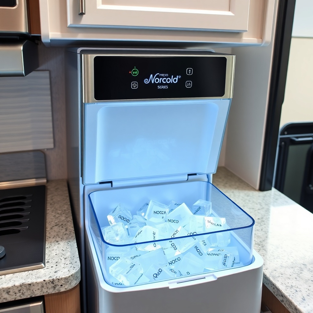<A clean photorealistic photo of an RV kitchen counter with a Norcold N8X Series ice maker