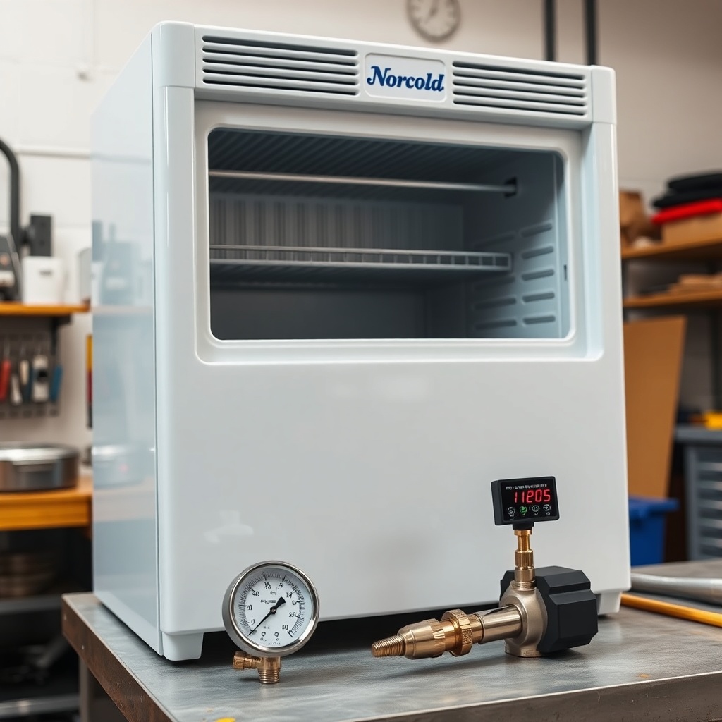 A clean photorealistic photo of a Norcold N8X Series with the lower vent panel removed