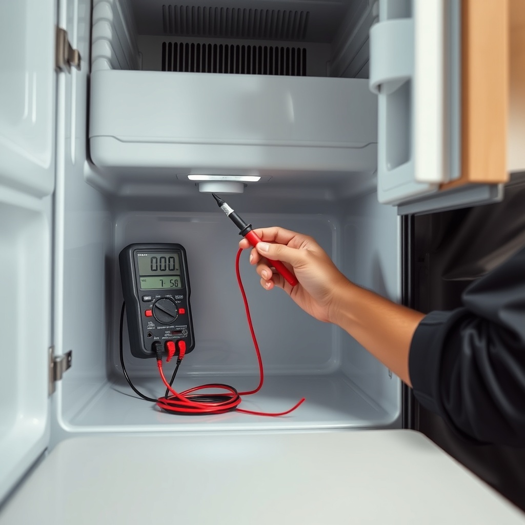 <clean photorealistic photo/illustration of an RV technician holding a multimeter probe to