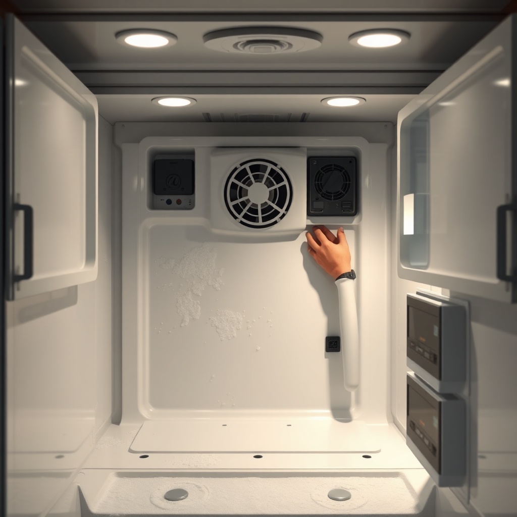 <clean photorealistic photo/illustration of an RV refrigerator compartment with frost on t