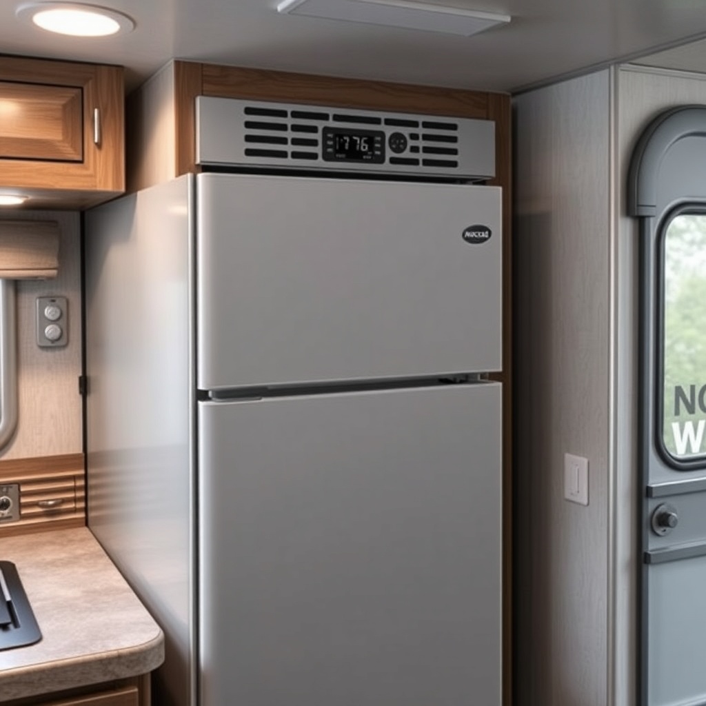 A clean photorealistic photo of a Norcold N8X refrigerator installed in an RV kitchen