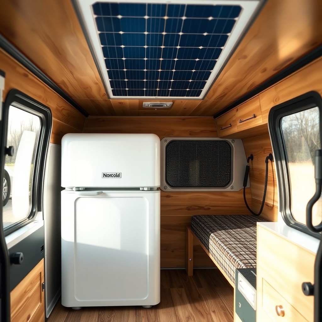 A clean photorealistic photo of an off-grid camper van with a Norcold N8X fridge visible i