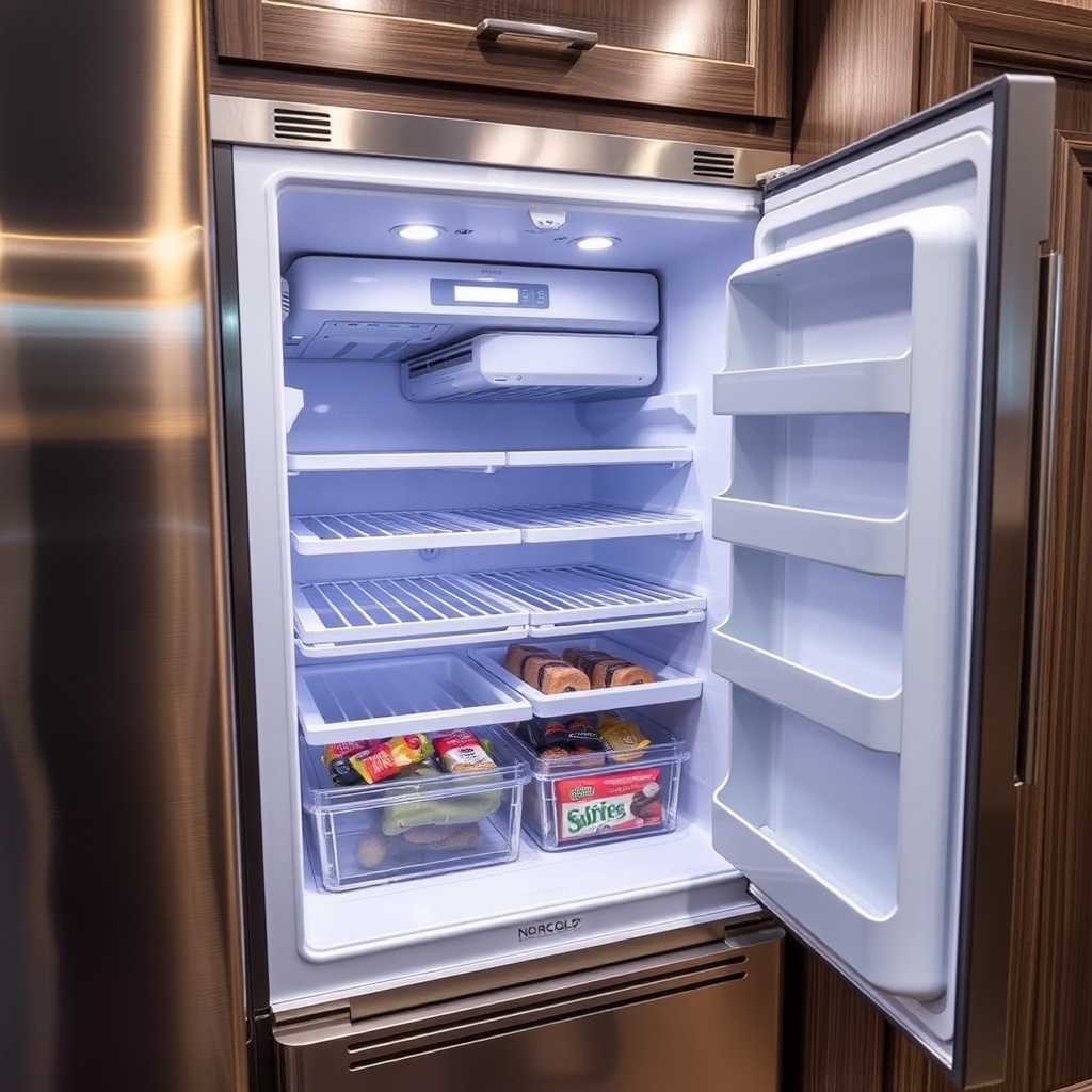 A photorealistic photo of a Norcold N8X Series refrigerator installed in an RV kitchen