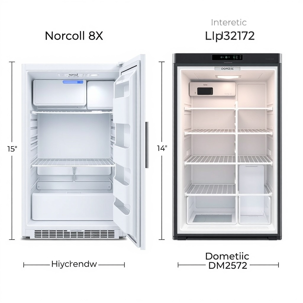 A clean photorealistic illustration showing a side-by-side comparison of the Norcold N8X r