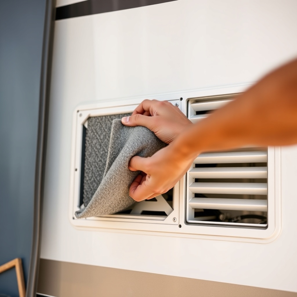 A clean photo of a person removing a grey foam filter from a white RV air conditioner retu