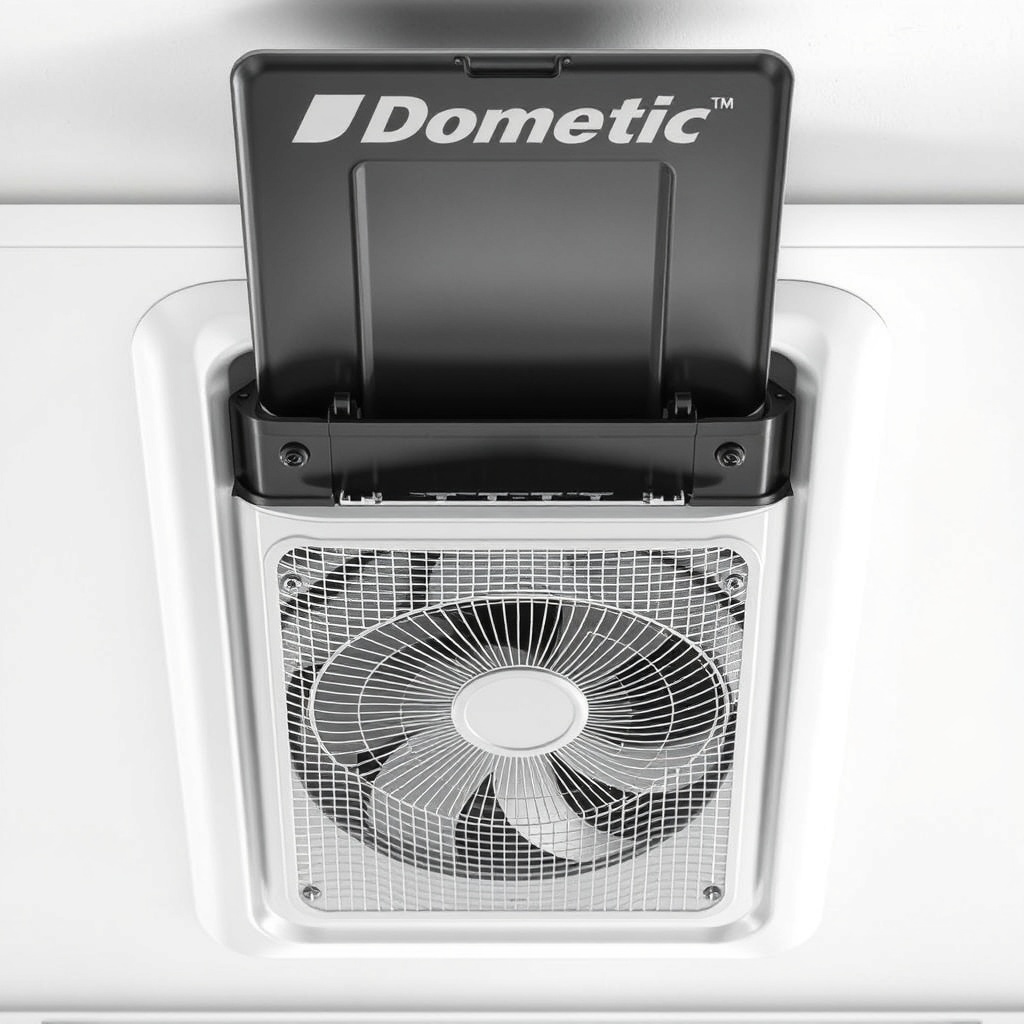 A photorealistic shot of a Dometic DM2672 rooftop unit with the top cover removed