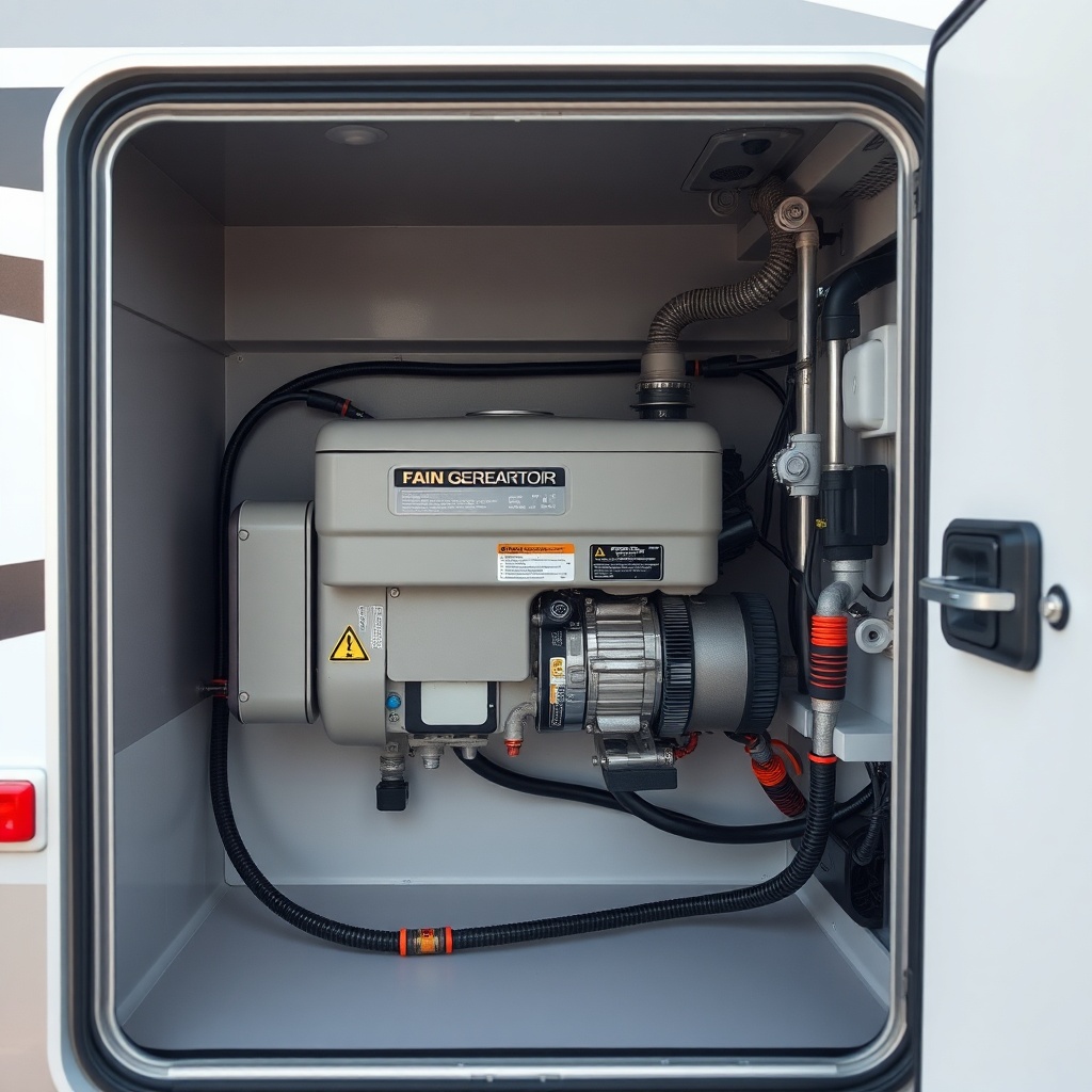 <clean photorealistic photo of an RV generator installed in a compartment with fuel lines