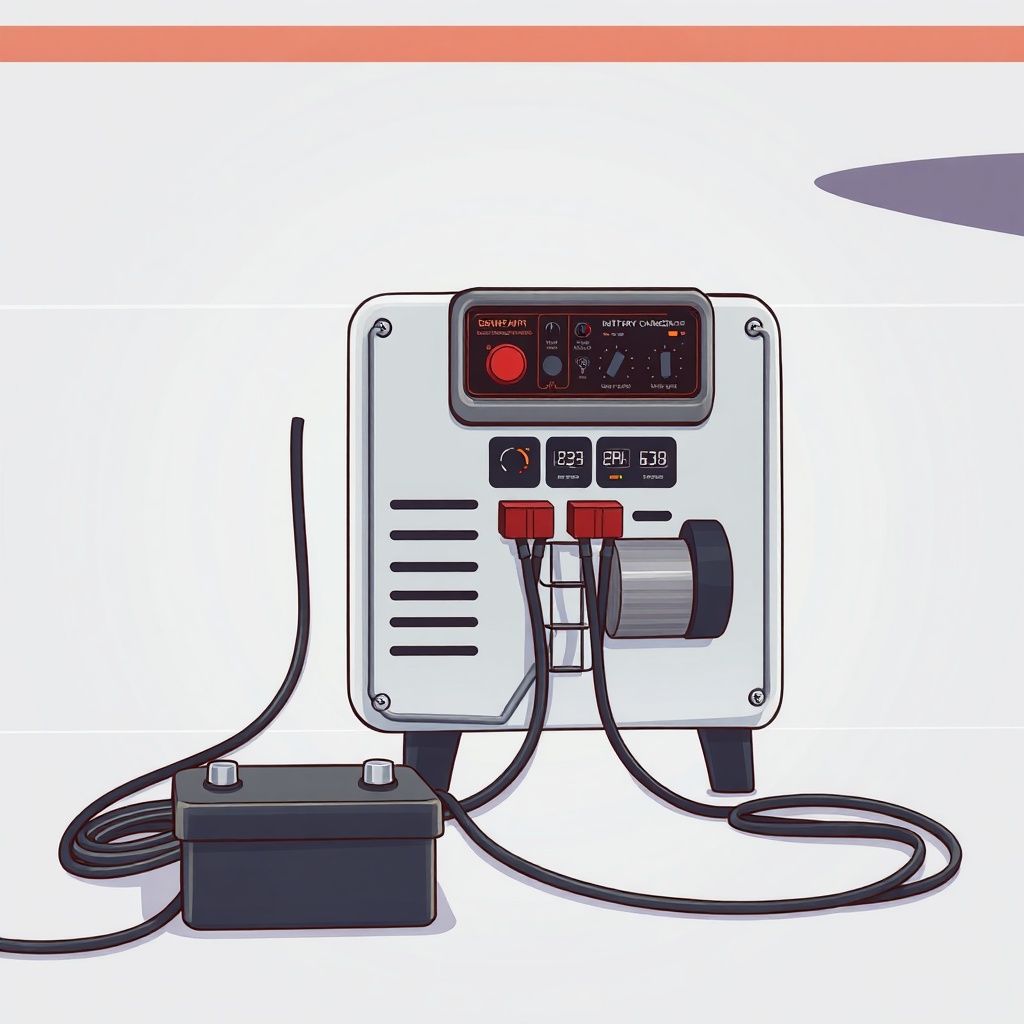 <clean photorealistic illustration of an RV generator battery charger with cables connecte