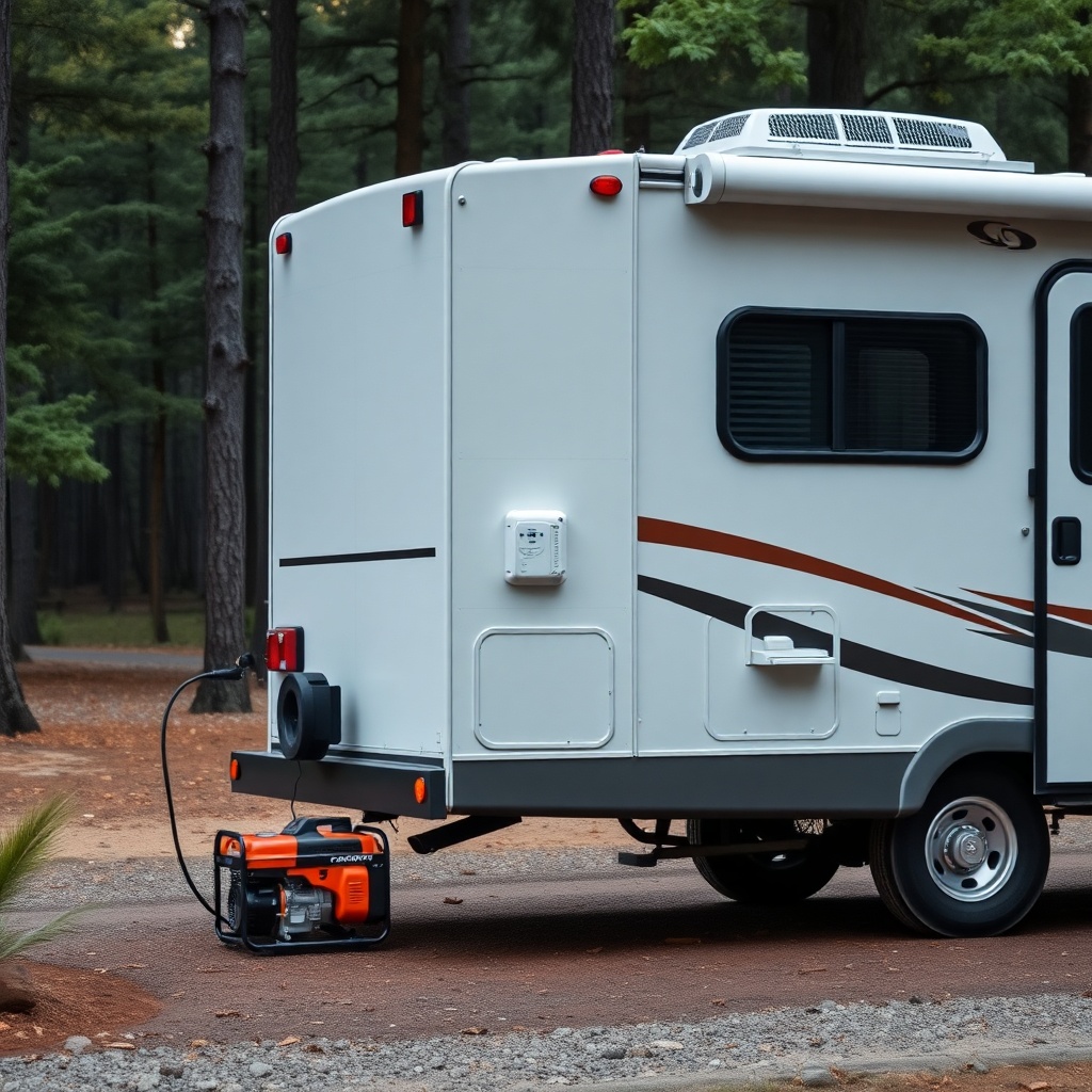 A photorealistic photo of an RV parked in a forest clearing with a generator running outsi