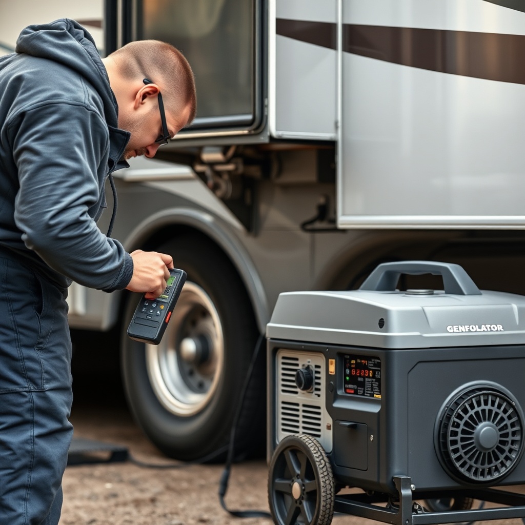 A photorealistic photo of a mechanic testing an RV generator's exhaust with a carbon monox