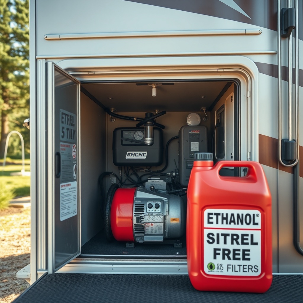 A photorealistic wide-angle shot of an RV generator compartment with a red fuel can labele