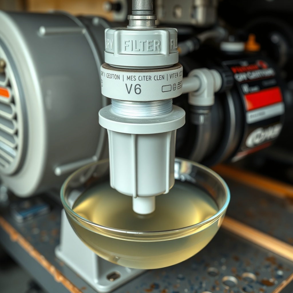 A photorealistic close-up of an RV generator's fuel filter and line assembly