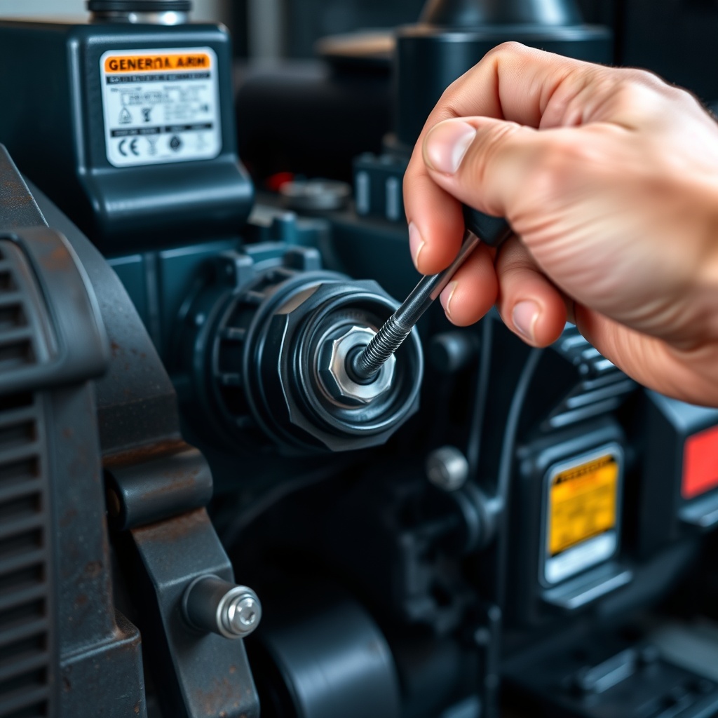<A photorealistic photo of a hand adjusting a generator governor arm with a screwdriver