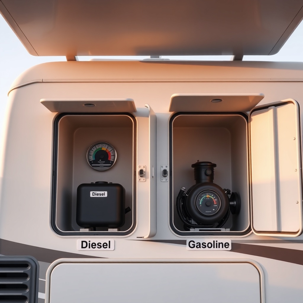 <clean photorealistic photo showing two side-by-side generator compartments on a motorhome