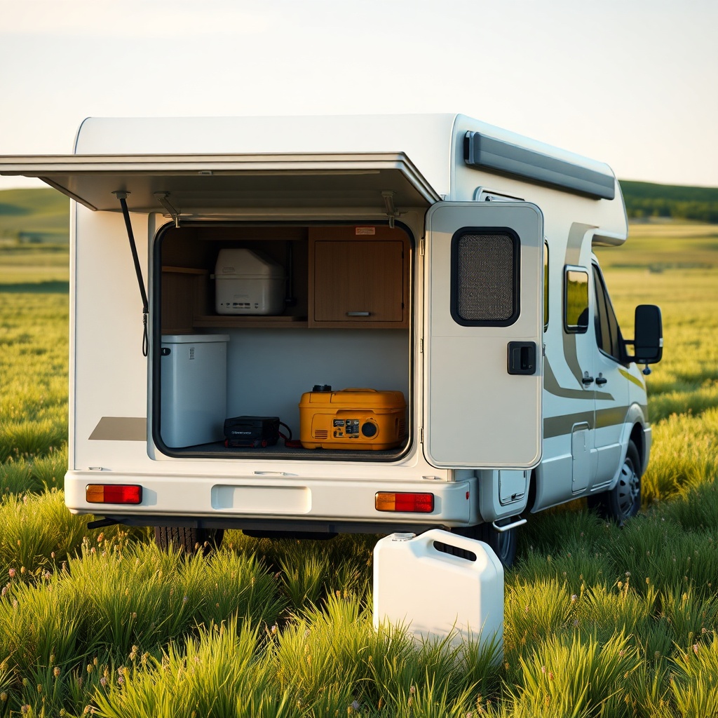 <clean photorealistic photo of a motorhome parked in a lush green field