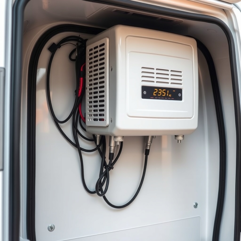 <photorealistic photo of an RV generator inverter unit mounted inside a clean RV compartme