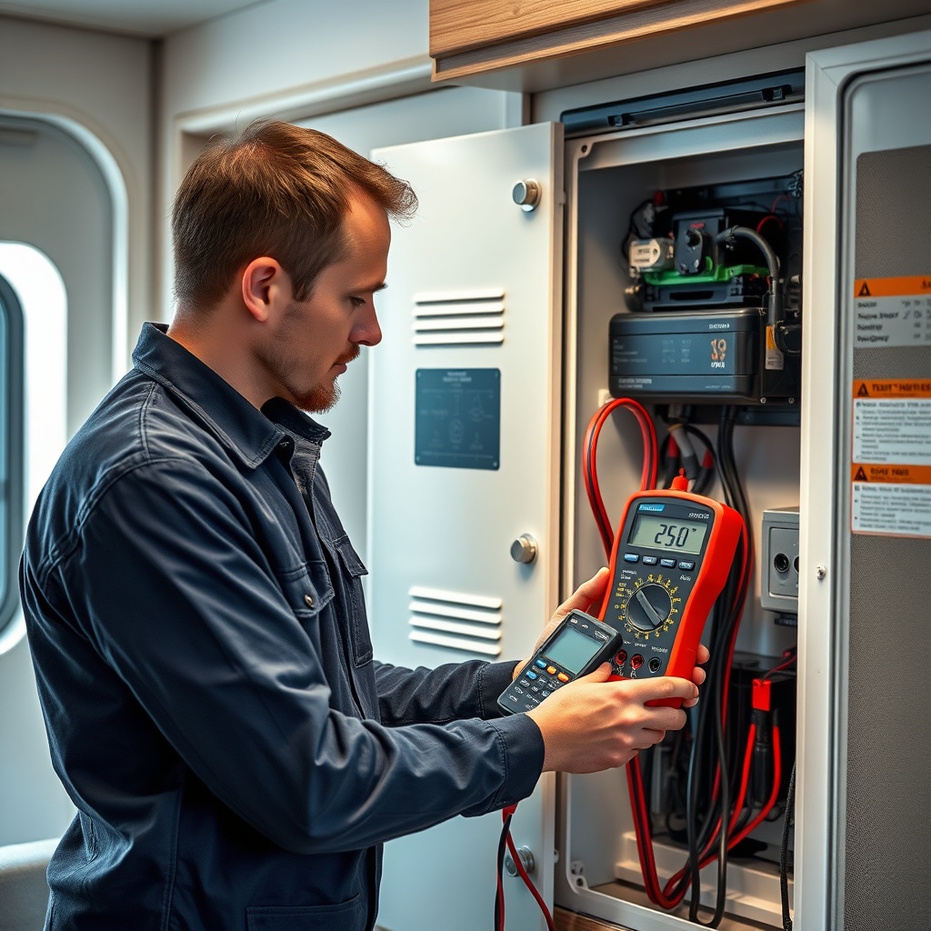 <photorealistic photo of a technician using a multimeter to test voltage at the RV AC pane