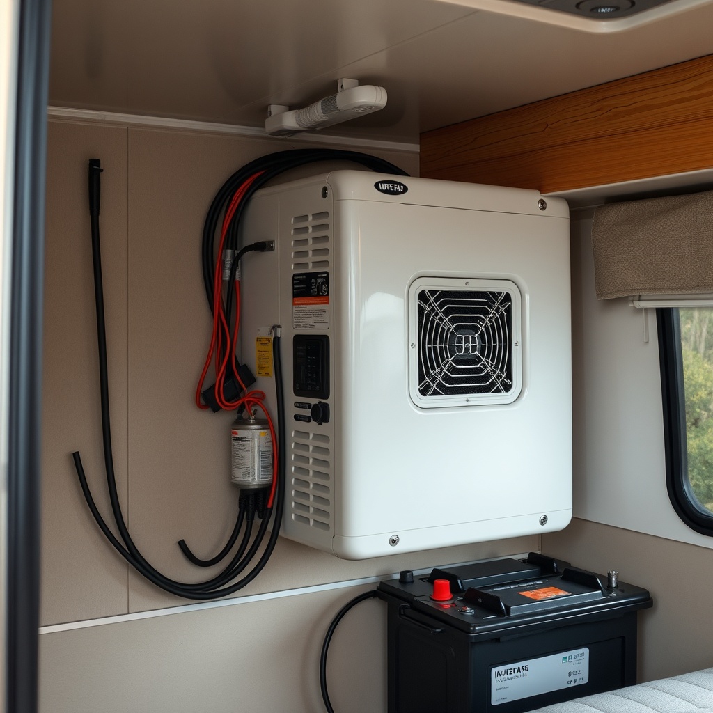 A clean photorealistic photo of an RV generator inverter unit mounted inside an RV compart