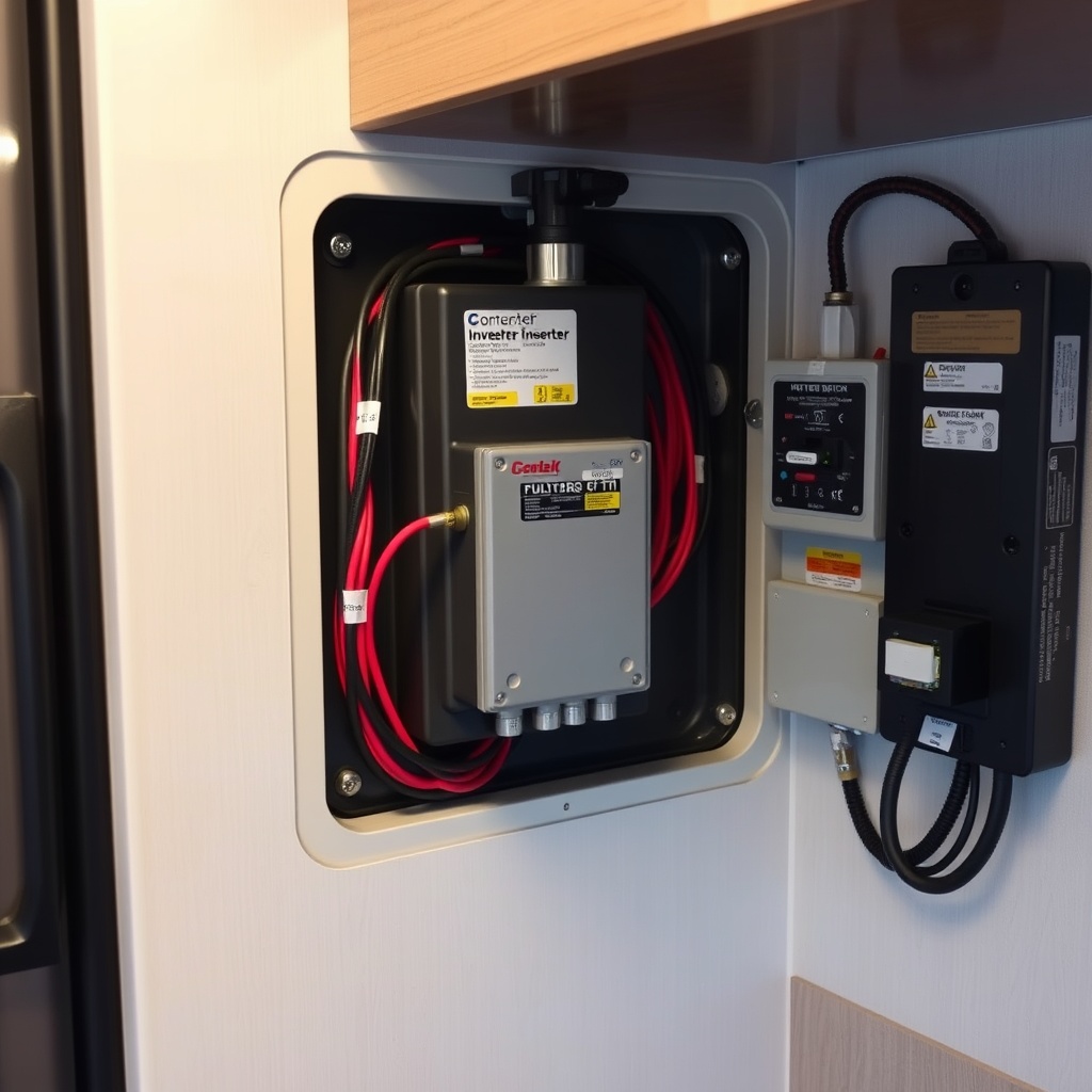 A clean photorealistic photo showing a completed inverter installation with labeled cables