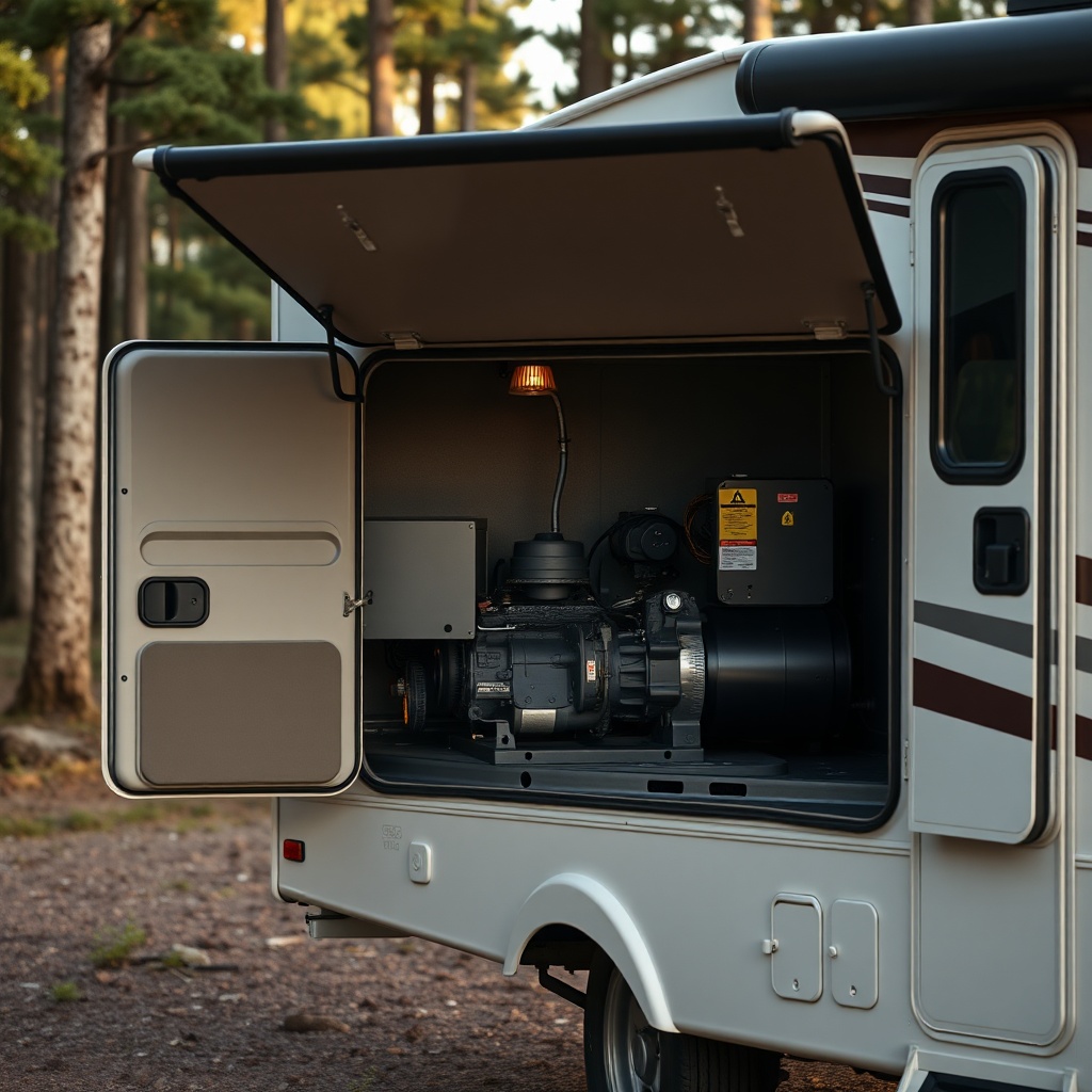 A photorealistic shot of a midsize RV parked in a forest clearing