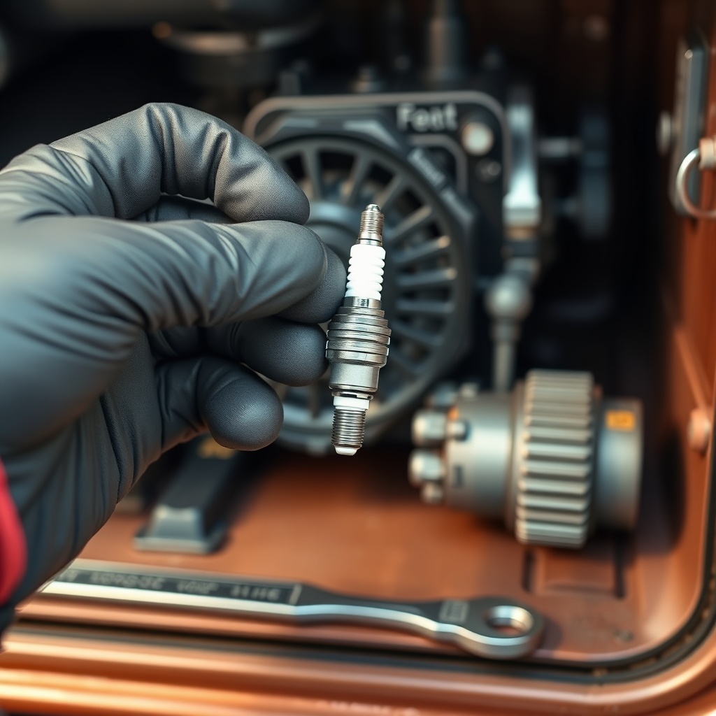 A close-up photorealistic image of a gloved hand holding a clean spark plug next to a wren