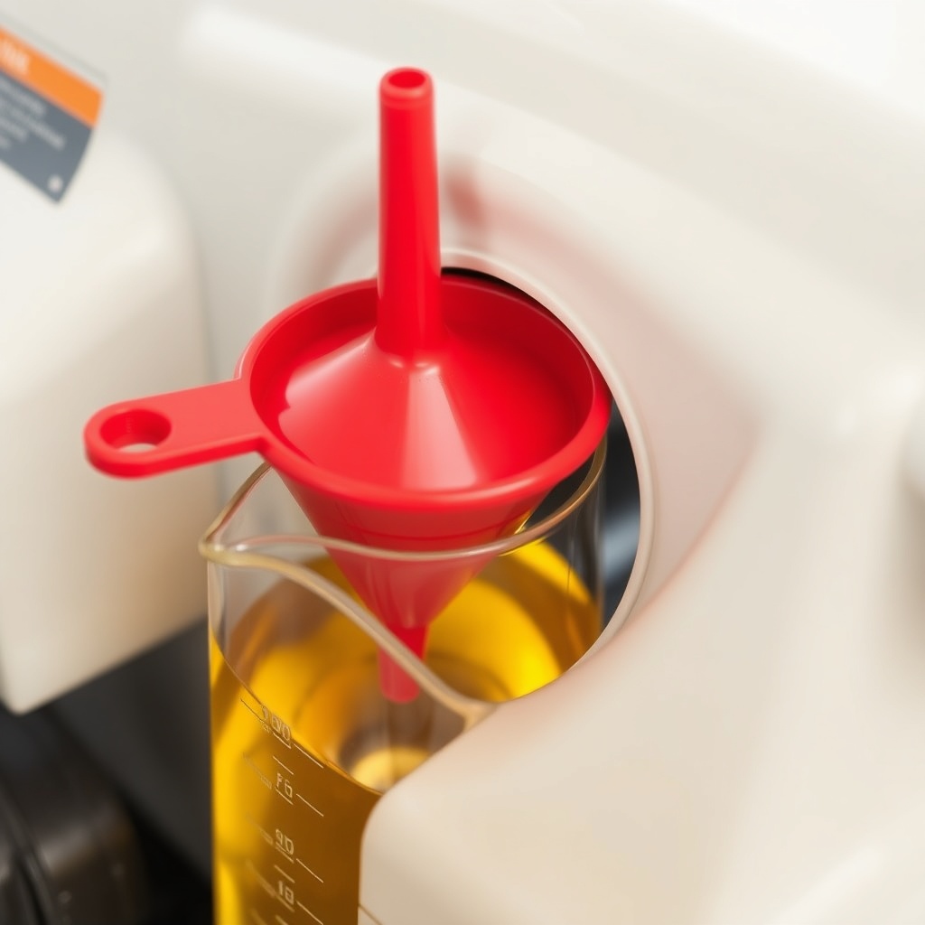 photo of bright red funnel inserted into a generator oil filler neck