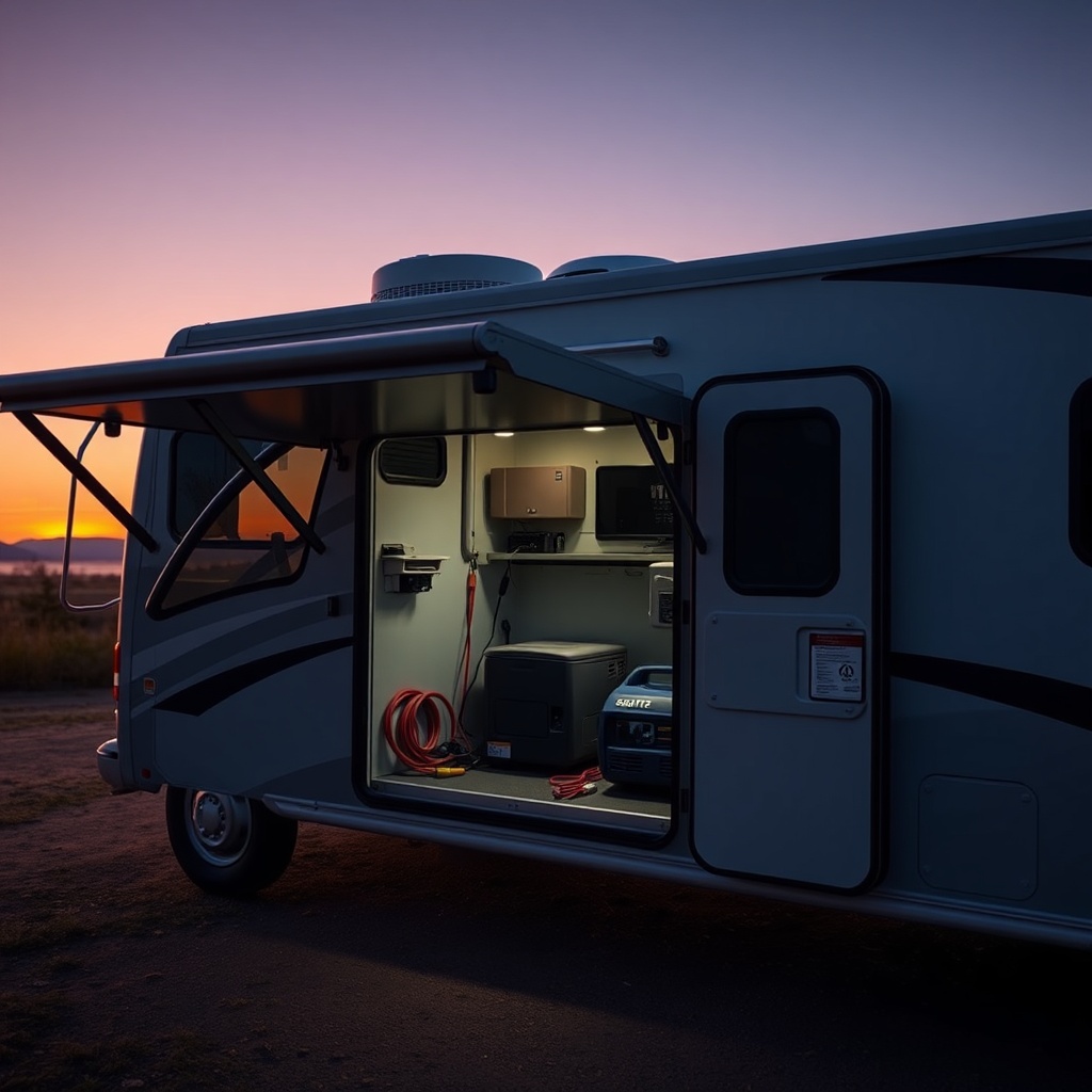 <A photorealistic wide shot of an RV parked in a scenic campsite at dusk