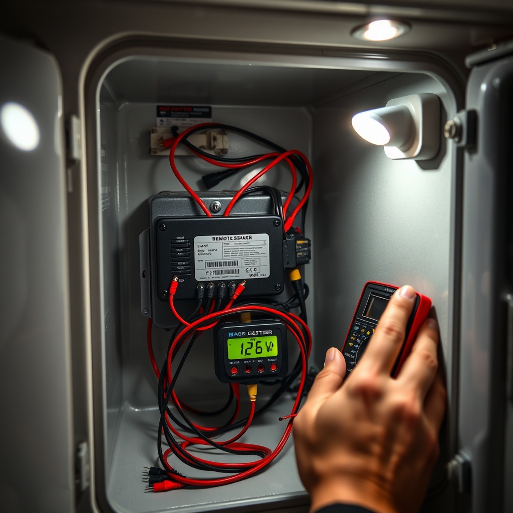 <A photorealistic close-up of a person's hands connecting wires to a remote start module i