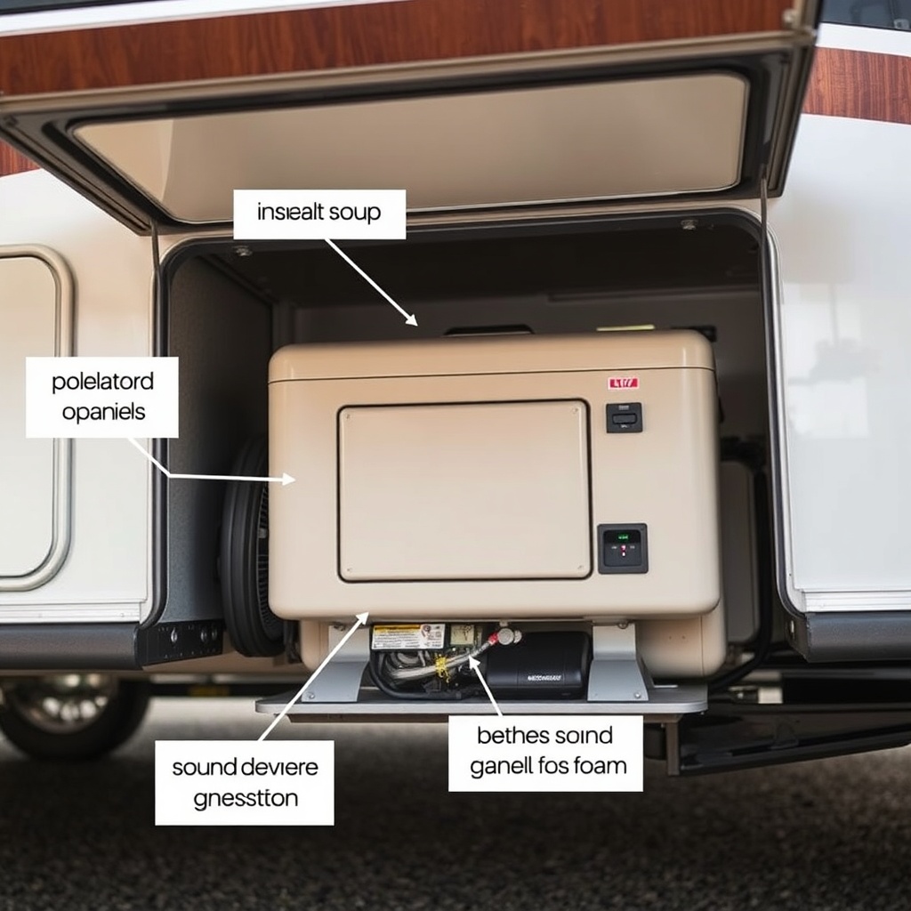 A clean photorealistic photo of an RV generator mounted under a motorhome