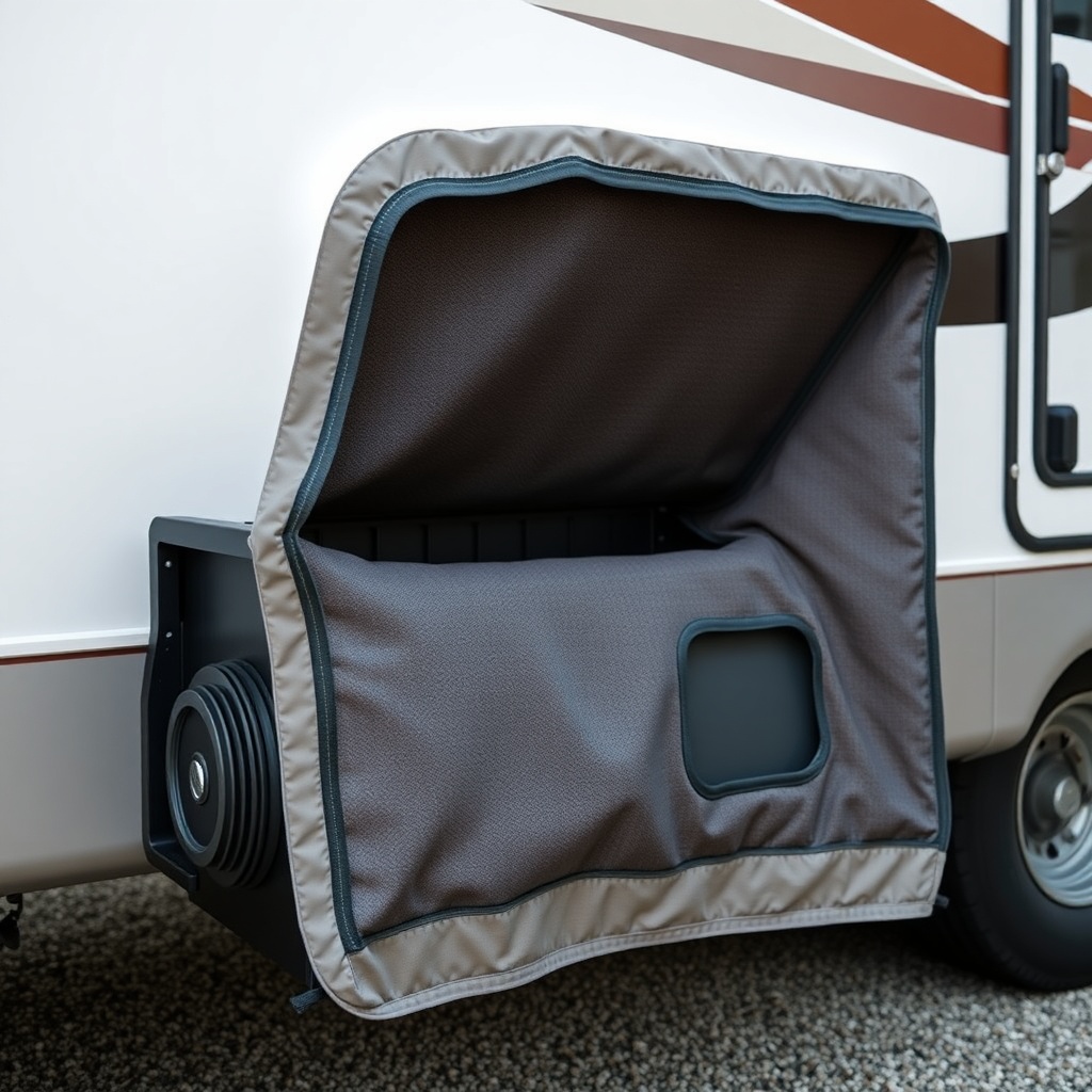 A clean photorealistic photo of an RV generator with a custom-fit sound blanket installed